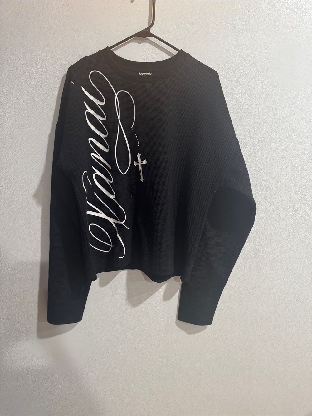 Xanai Black Long Sleeve Waffle Knit Tee with Cross Graphic size Medium